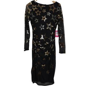 Vince Camuto Black Long Sleeve Mesh Dress with Sequin Stars Women's Size 10